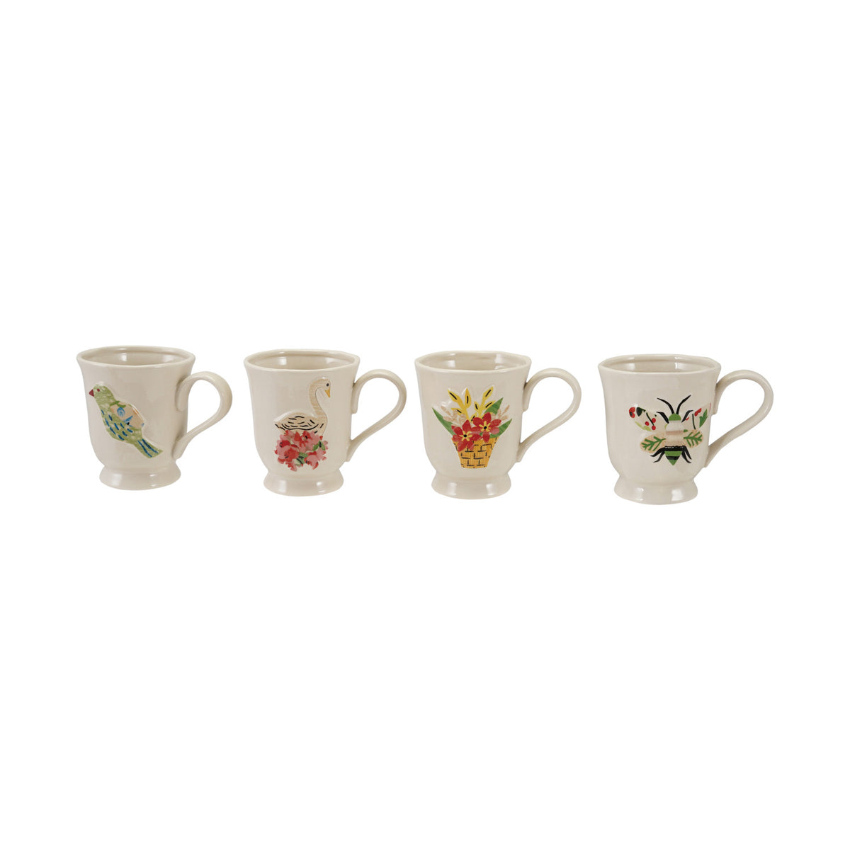 Four 14 oz hand-painted stoneware footed mugs in bird, swan, flower basket and bee designs
