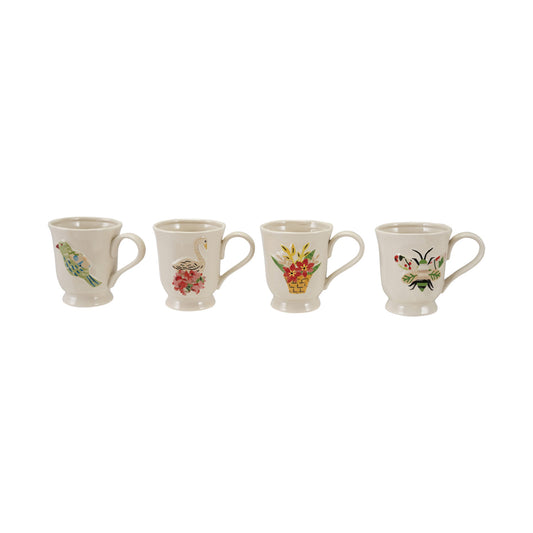 Four 14 oz hand-painted stoneware footed mugs in bird, swan, flower basket and bee designs