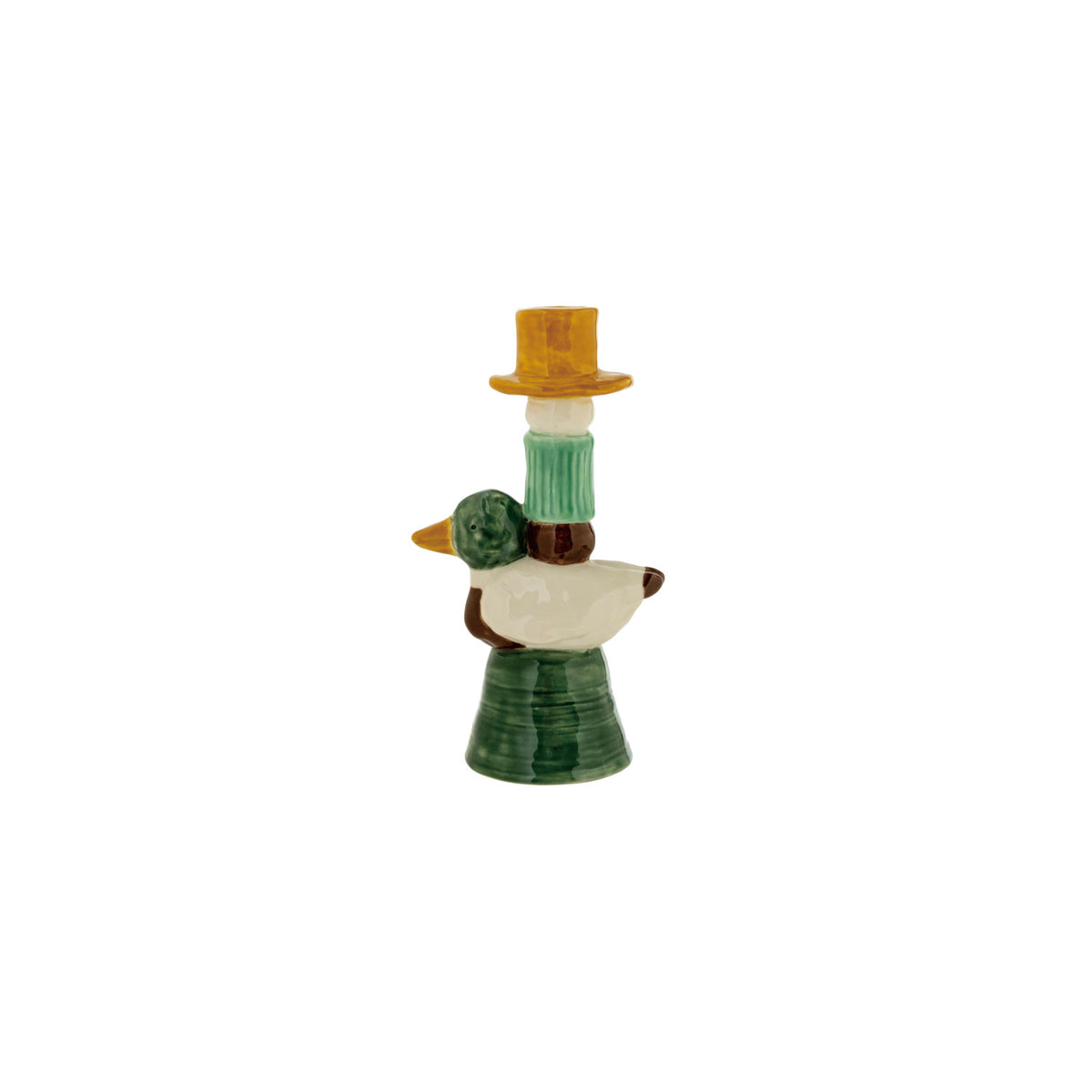 Whimsical hand-painted stoneware mallard duck taper candle holder in green cream brown and gold