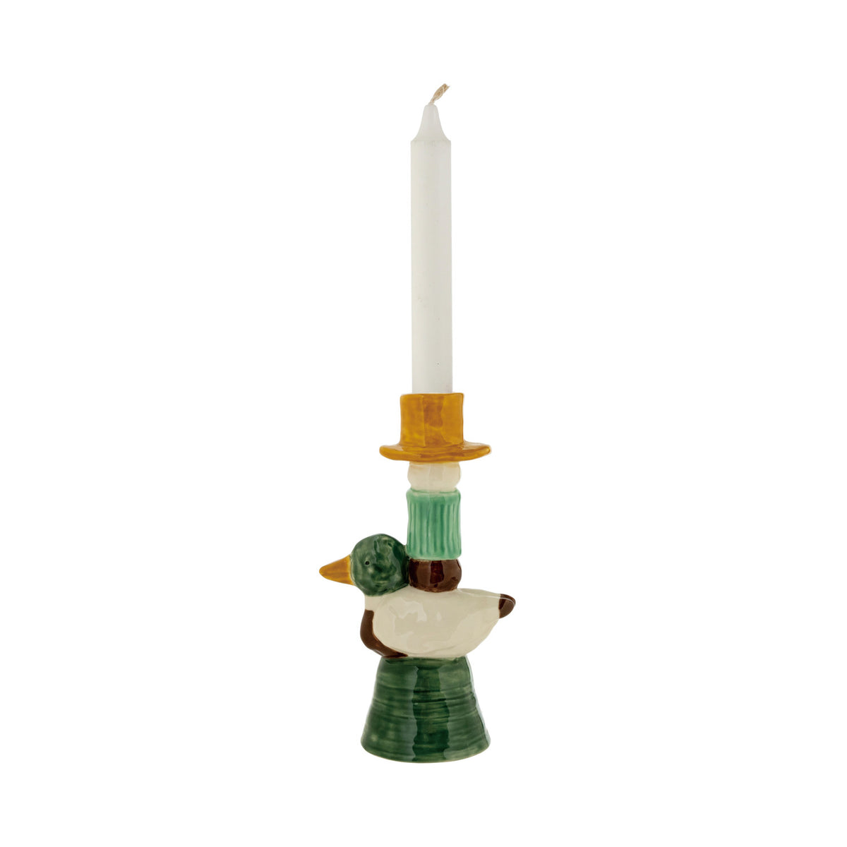 Hand-painted stoneware duck taper candle holder with green brown and gold details and white taper candle