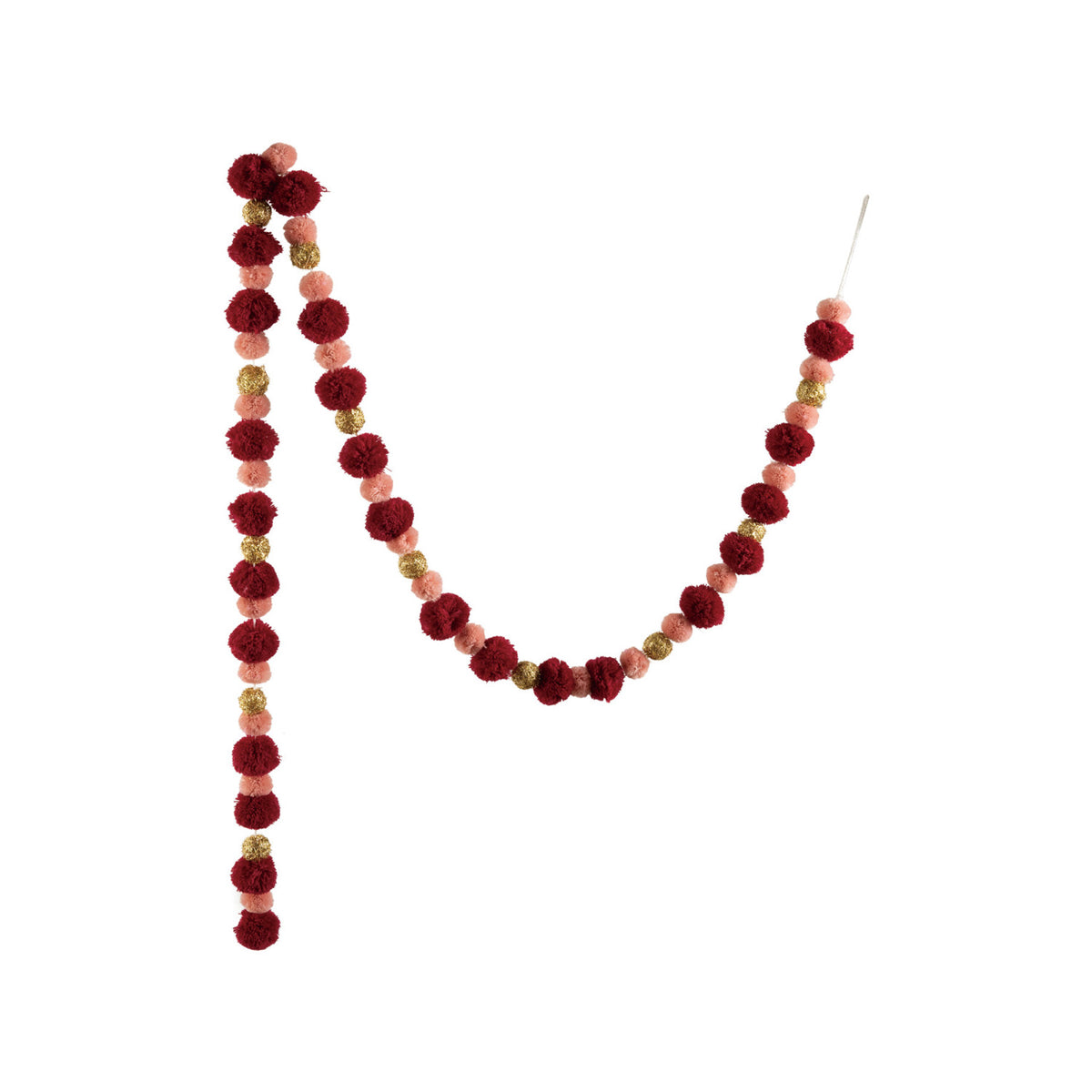 Burgundy pink and gold pom pom garland measuring 72 inches for Christmas and holiday decorating