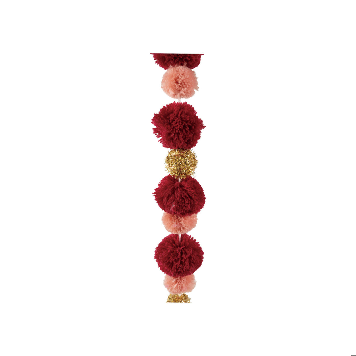 Six foot burgundy blush pink and gold pom pom garland arranged to show festive colors and fluffy texture