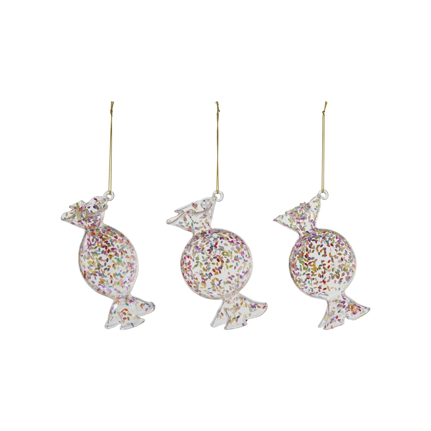 Clear glass wrapped candy Christmas ornaments with multicolor confetti details