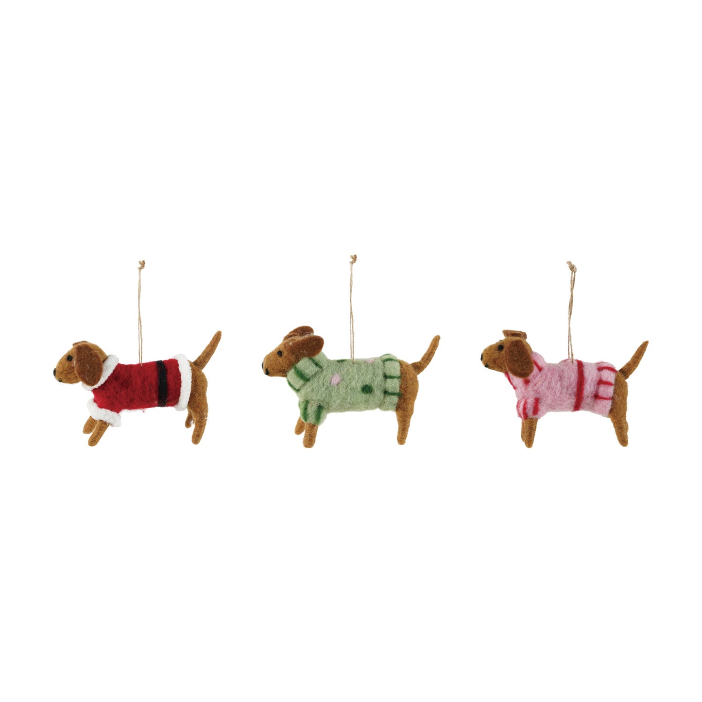 Three wool felt dachshund Christmas ornaments in red green and pink sweaters
